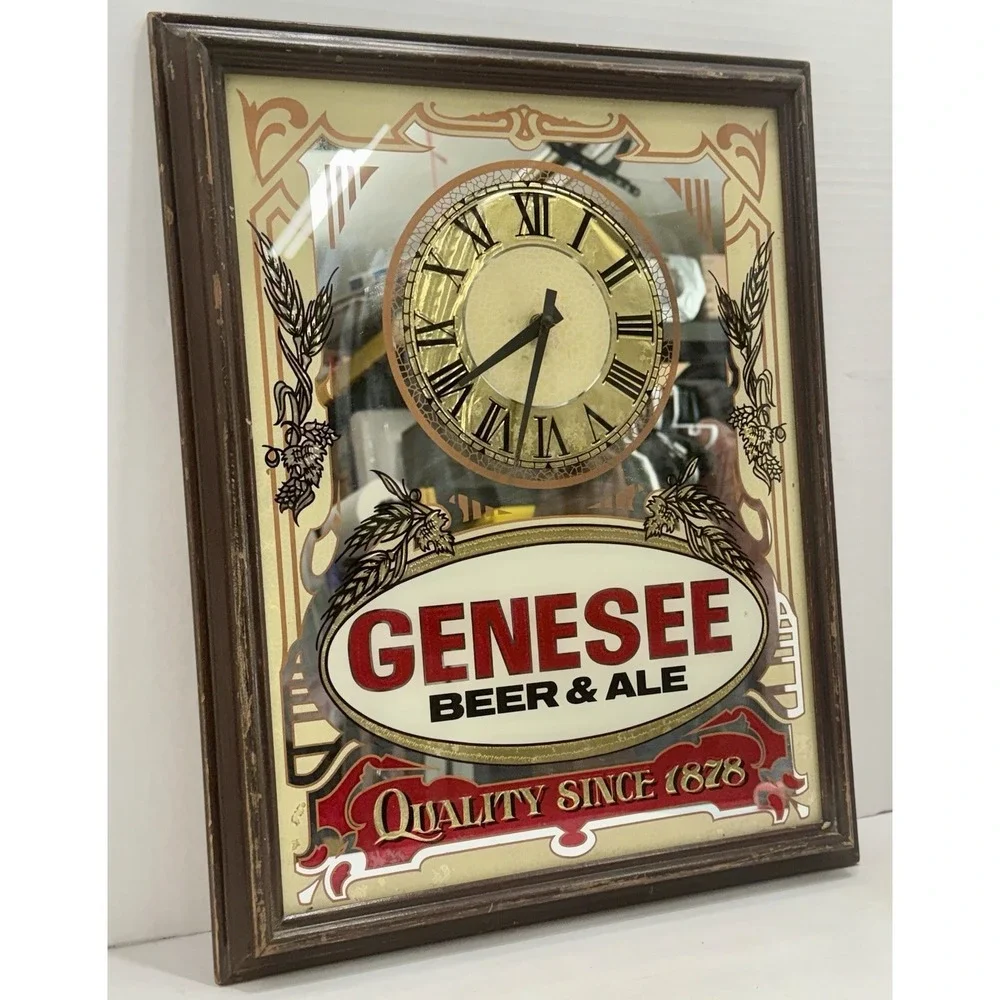 Vintage Genesee Beer And Ale Mirrored Wall Clock Gold Frame Bar/man cave Decor